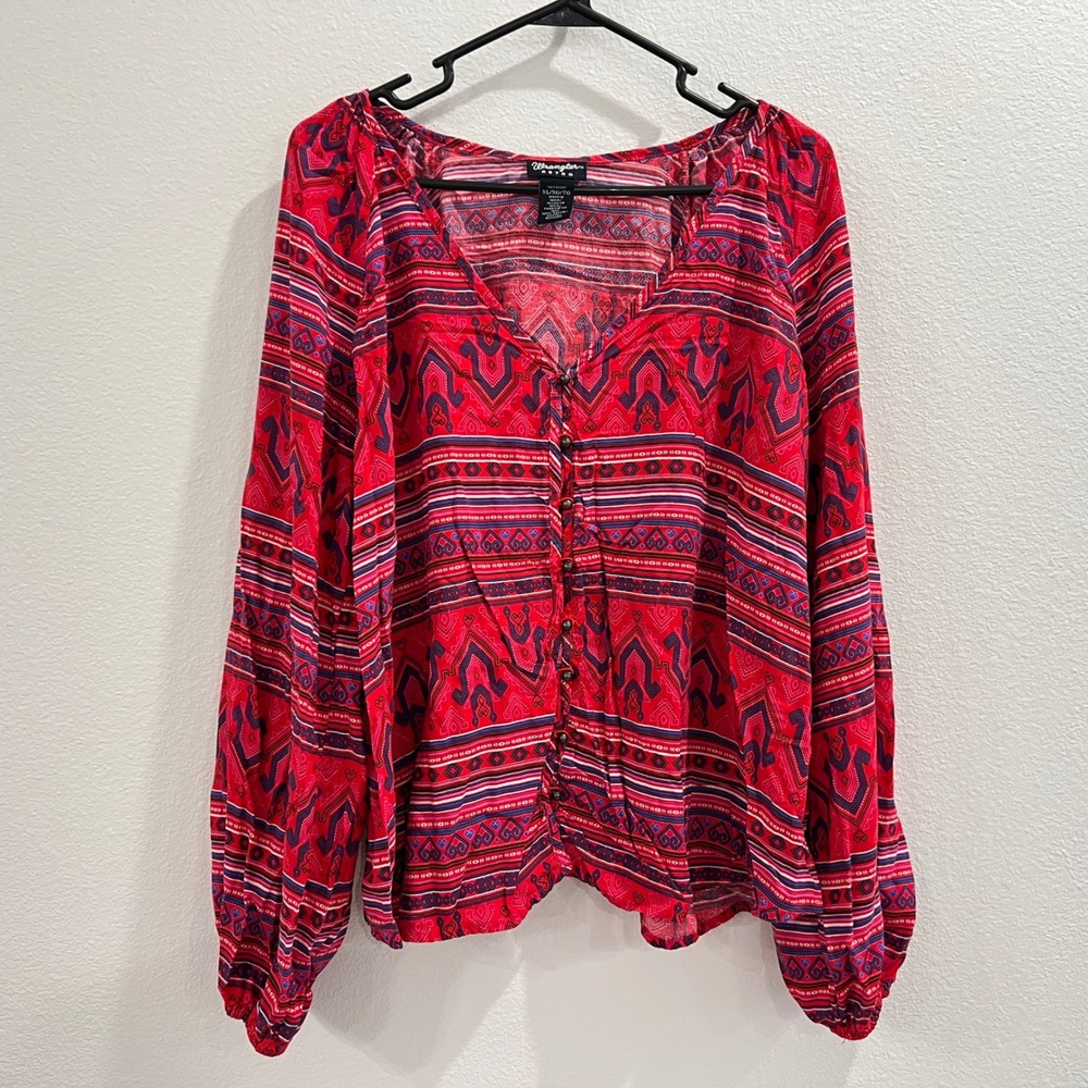 Wrangler Retro Womens XL Red Aztec Print Western Top Button Front Long Sleeve